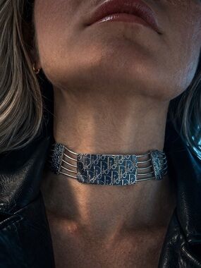 Christian Dior Silver Oblique Multi-Strand Choker Necklace Y2K Logo